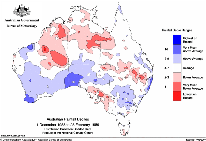 Australian rainfall deciles : 1 December 1988 - 28 February 1989