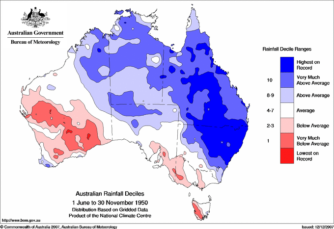 Australian rainfall deciles : 1 June to 30 November 1950