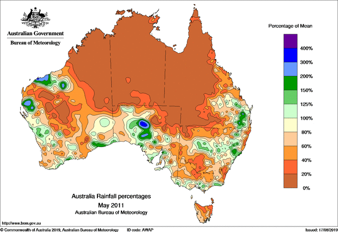 Map of percentage of normal rain