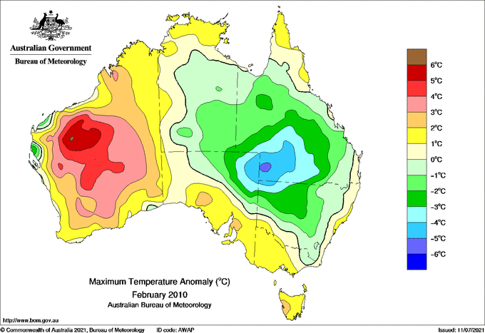 Map of mean daily maximum temperature anomalies