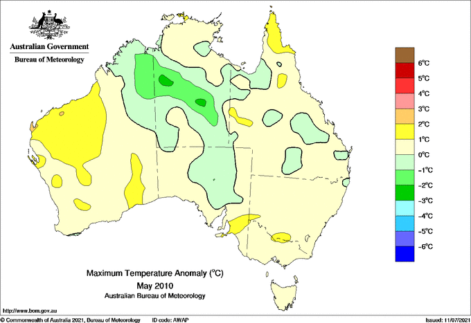 Map of mean daily maximum temperature anomalies