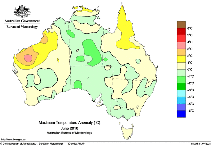Map of mean daily maximum temperature anomalies