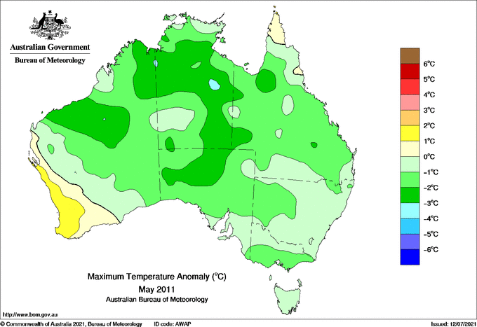 Map of mean daily maximum temperature anomalies