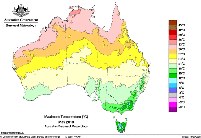 Map of mean daily maximum temperature