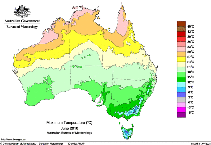 Map of mean daily maximum temperature