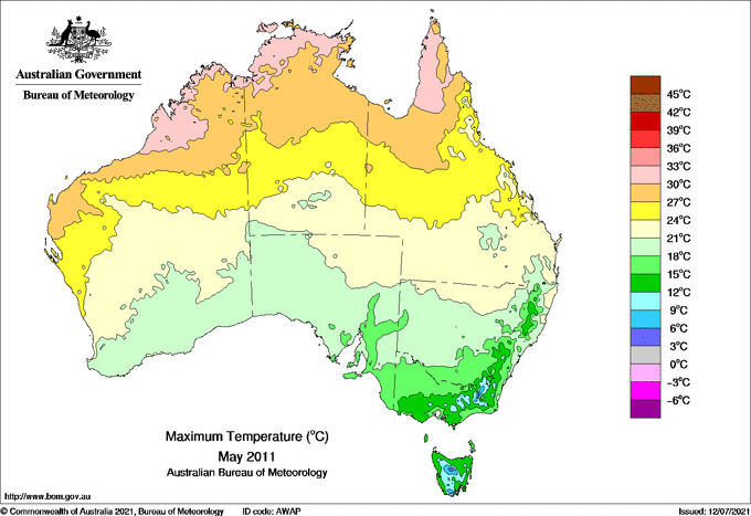 Map of mean daily maximum temperature