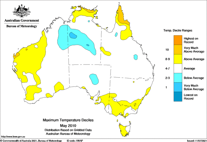 Map of mean daily maximum temperature deciles