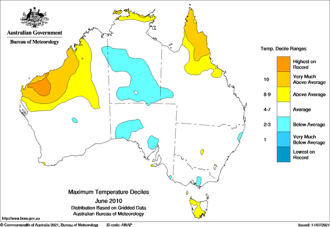 Map of mean daily maximum temperature deciles