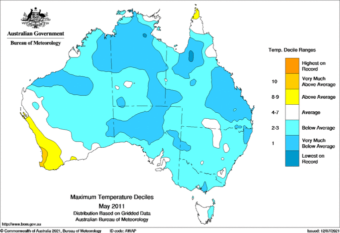 Map of mean daily maximum temperature deciles