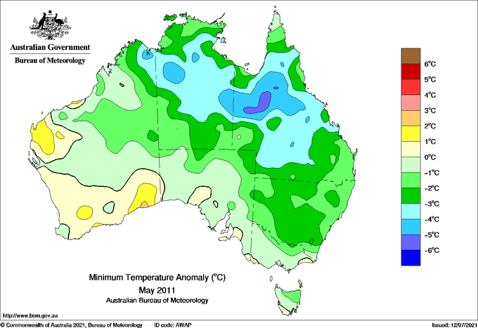 Map of mean daily minimum temperature anomalies