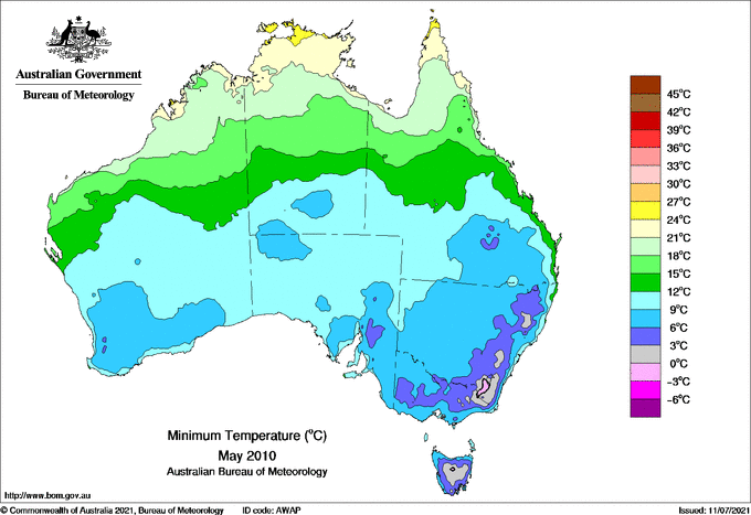 Map of mean daily minimum temperature