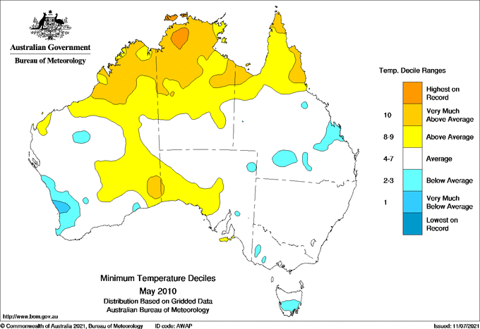 Map of mean daily minimum temperature deciles