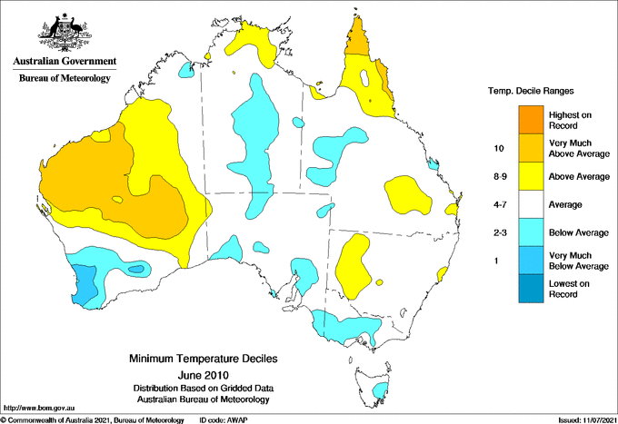 Map of mean daily minimum temperature deciles