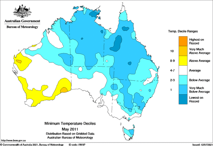 Map of mean daily minimum temperature deciles