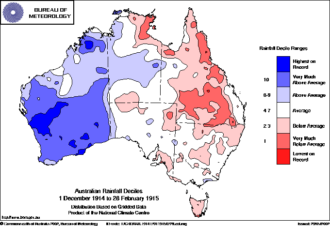 Australian rainfall deciles : 1 December 1914 - 28 February 1915