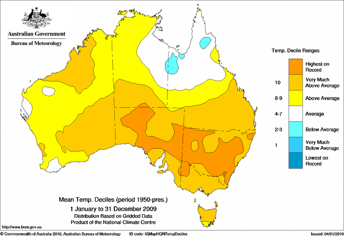 2009 mean temperature deciles map