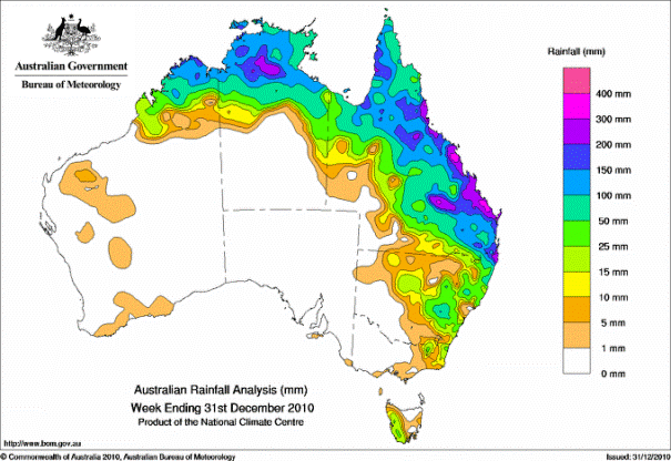 Map of rainfall totals for the week ending 28 December 2010