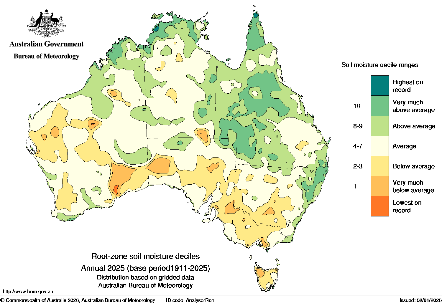 Root-zone soil moisture deciles map from the Australian Water Resource Assessment Model (AWRA) for  January to December 2025
