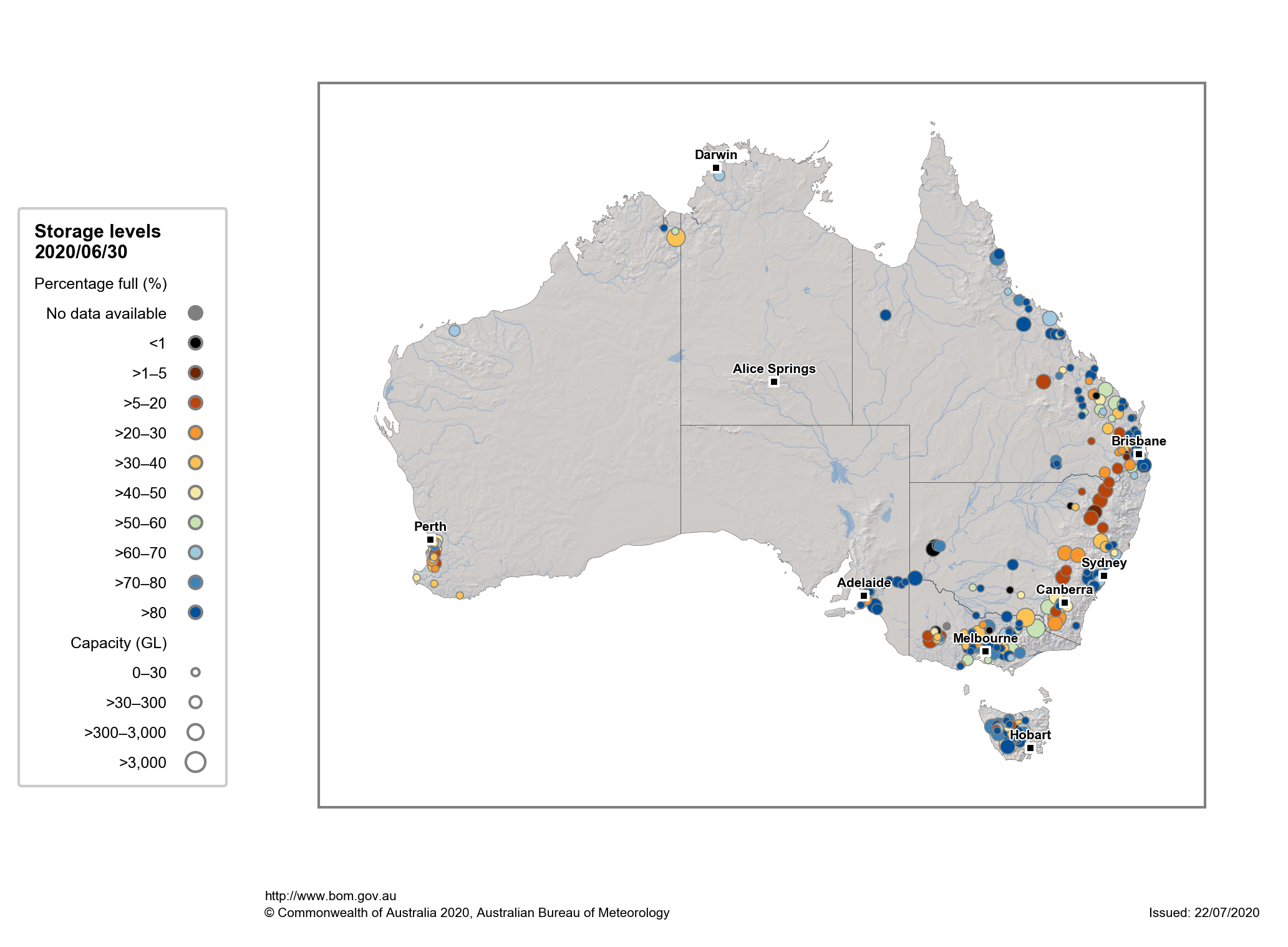 Map showing percentage full of storage systems at the end of 2019-20