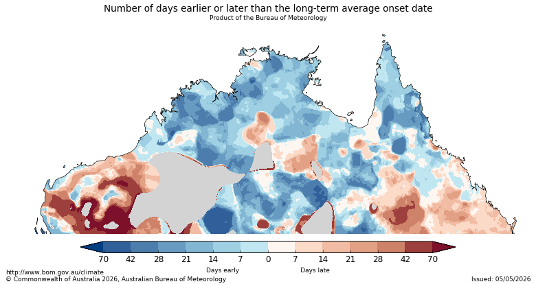 Map of number of days earlier or later than the long-term average onset date