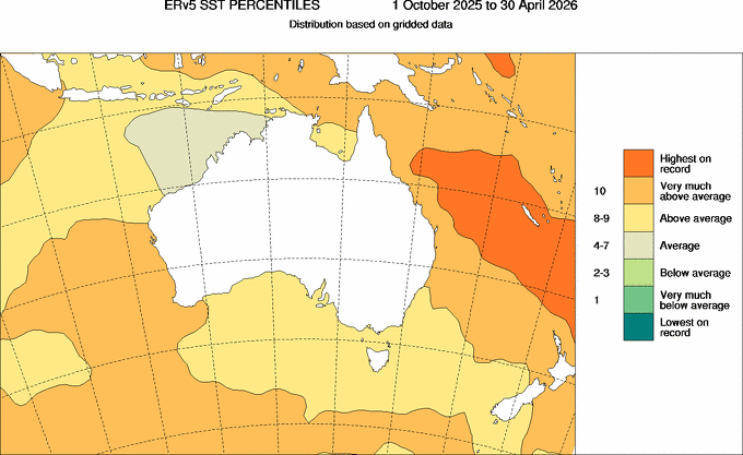 Sea Surface Temperatures (SSTs) (relative to all years since ###) from October 2025 to April 2026