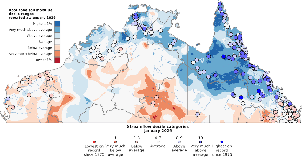 Root zone soil moisture deciles (relative to all years since 1911) and water storage levels (relative to all years since 1975) for January 2026