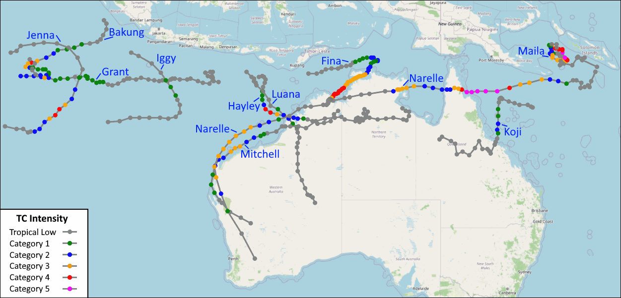 Tracks of tropical cyclones in the Australian region during the 2025–26 tropical cyclone season