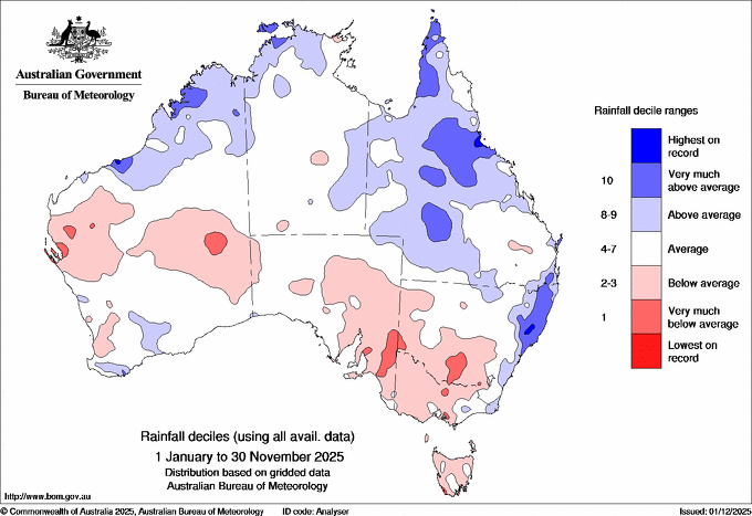Rainfall deciles for January to November&nbsp;2025