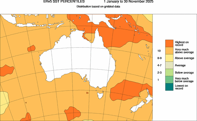 Sea surface temperature anomalies from 1 January to 30 November 2025