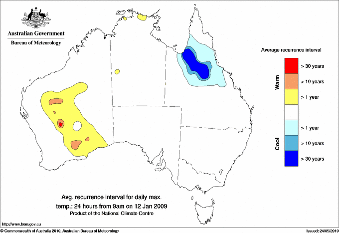 Daily maximum temperature return period map