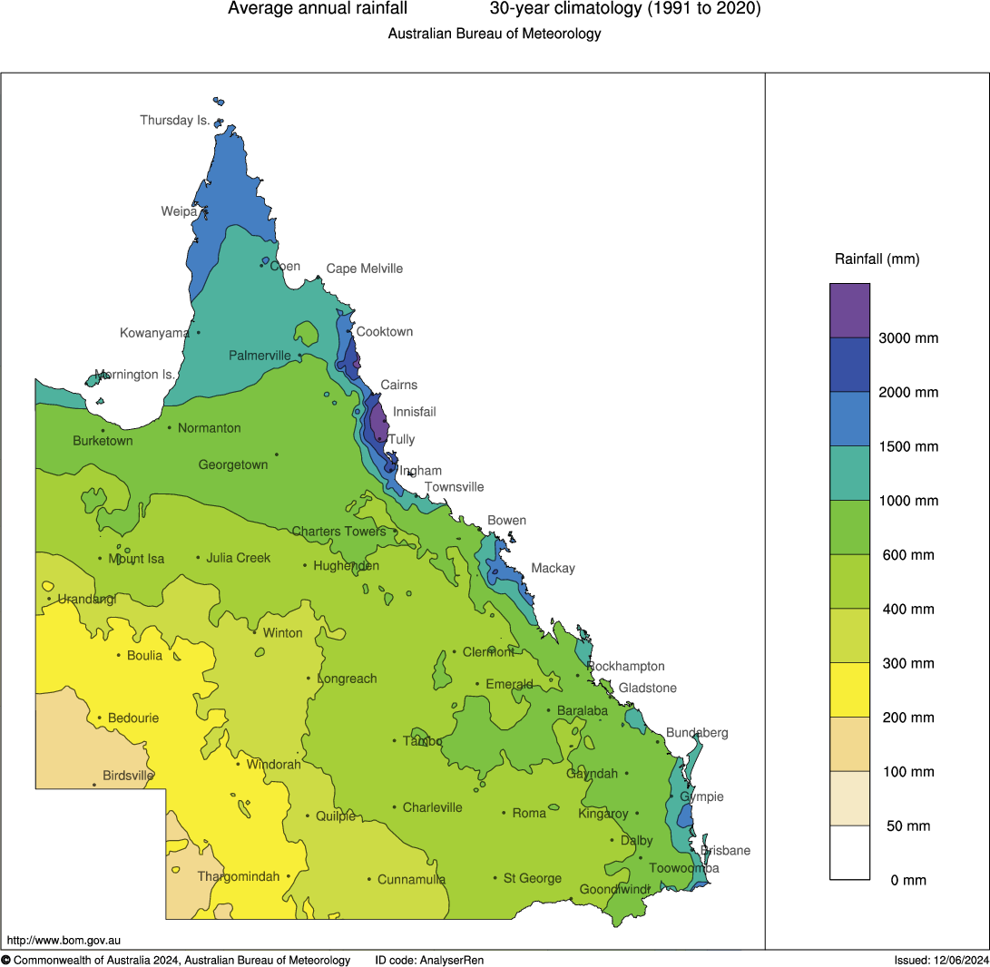 Annual Rainfall for Queensland, Bureau of Meteorology 1991-2020 climate normals