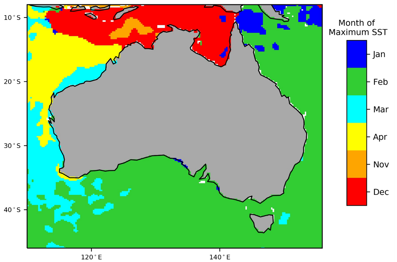 Map indicating the typical month of maximum sea surface temperature around Australia