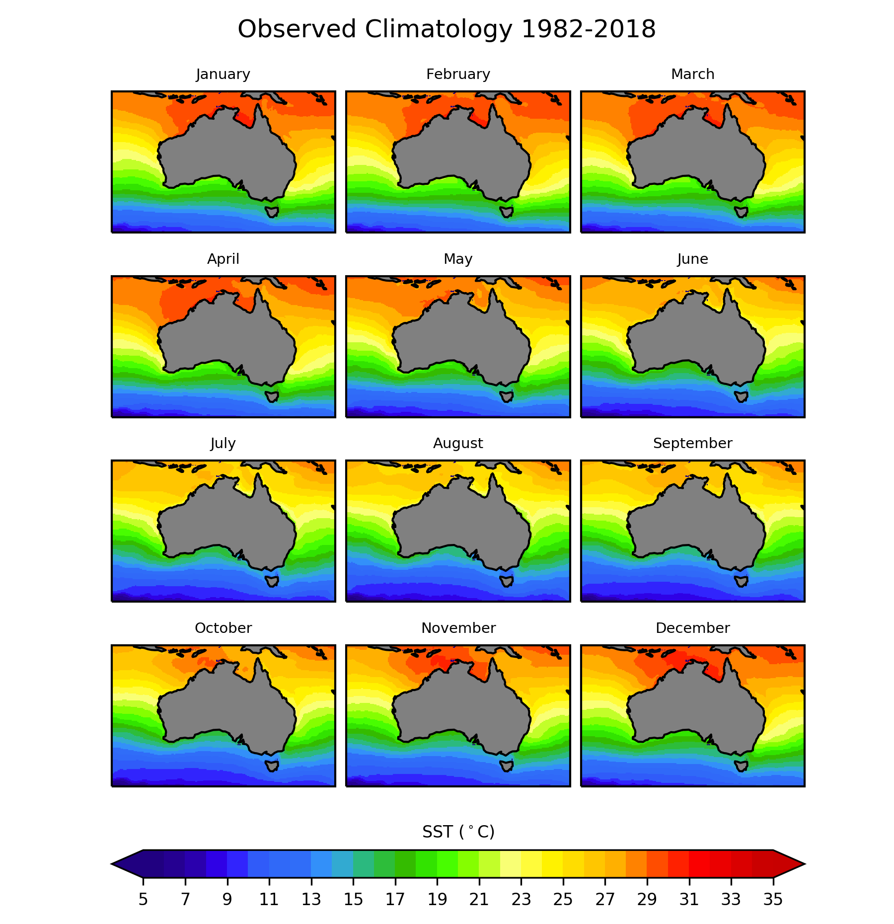 Typical sea surface temperature patterns around Australia for each calendar month