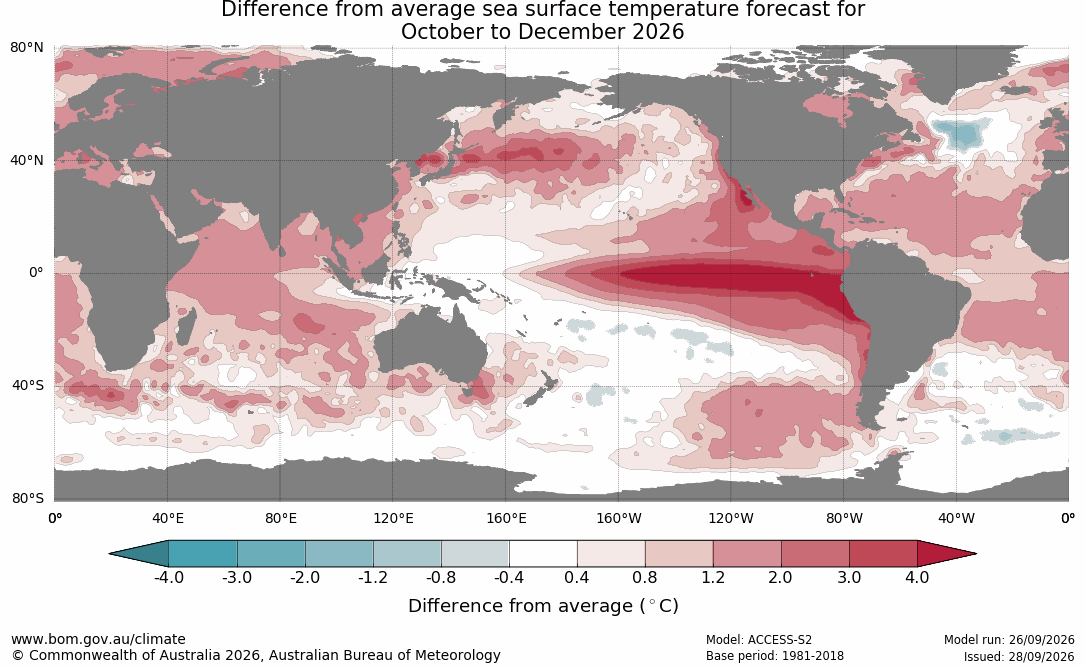 Bureau ACCESS-S three-month global sea surface temperature anomaly outlook map.