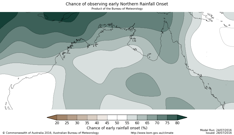 Map showing the chance of early rainfall onset across tropical Australia
