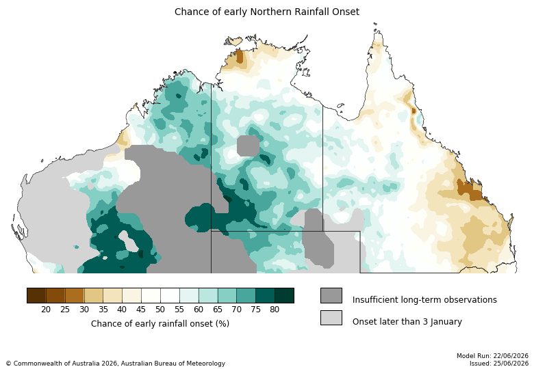 Map showing the chance of early rainfall onset across tropical Australia