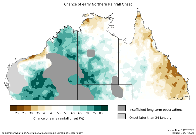 Map showing the chance of early rainfall onset across tropical Australia