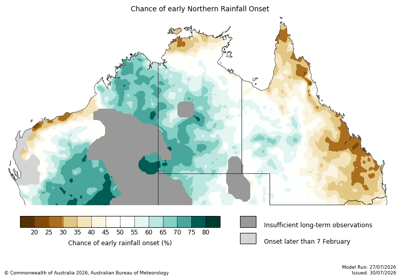Map showing the chance of early rainfall onset across tropical Australia