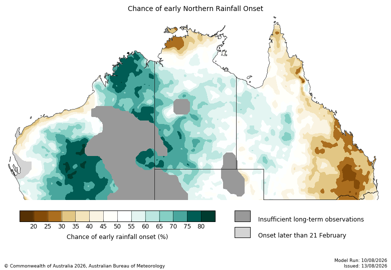 Map showing the chance of early rainfall onset across tropical Australia