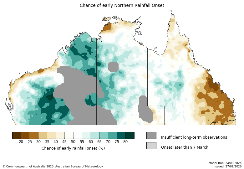 Map showing the chance of early rainfall onset across tropical Australia