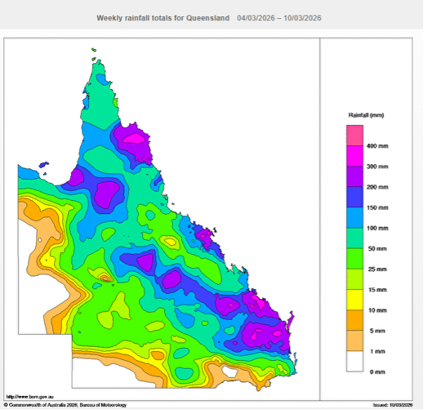 Weekly rainfall totals for Queensland 4/3/2026 $mdash; 10/3/2026