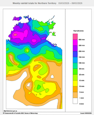 Weekly rainfall totals for Northern Territory 3/3/2026 $mdash; 9/3/2026