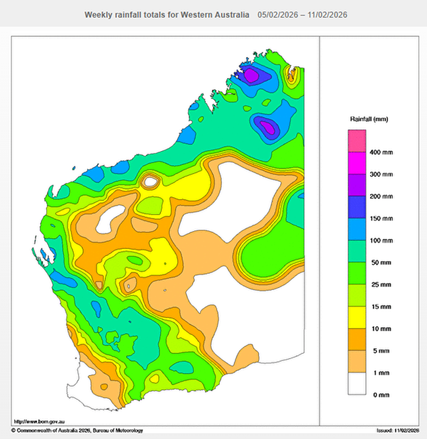 Weekly rainfall totals for WA for 5 - 11 February 2026 Weekly rainfall totals for WA for 5 - 11 February 2026