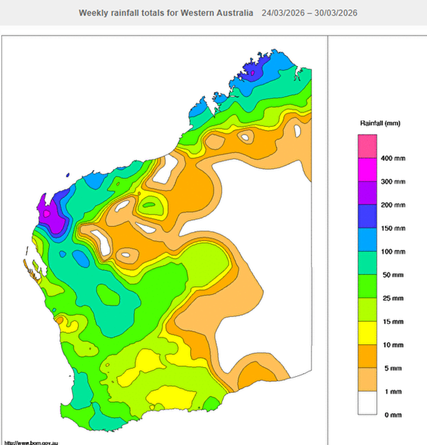 Weekly rainfall totals for WA