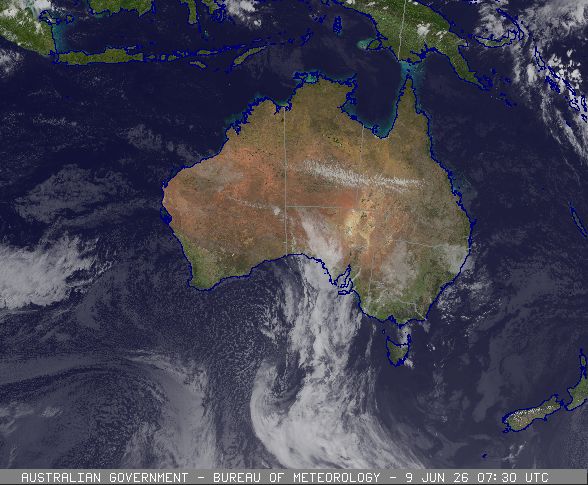 Cloud/surface composite, Australia satellite image of Australia at Tue Jun  9 07:30:00 2026