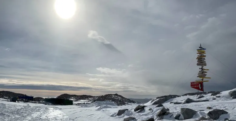 Fieldsite at Casey station with weak sun trying to shine through the overcast sky.