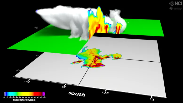 Reconstruction of a Darwin thunderstorm produced from a 400m grid-length numerical model simulation.