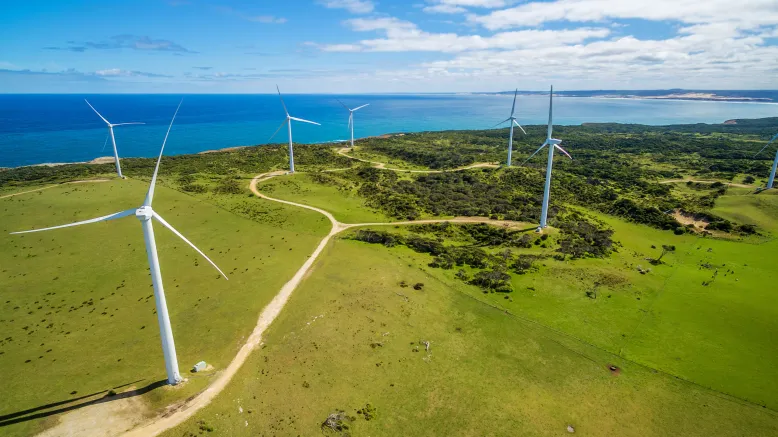 Wind turbines in green fields by the coast.