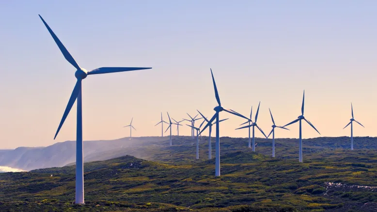 Wind turbines on a clifftop at Albany Wind Farm, Western Australia.