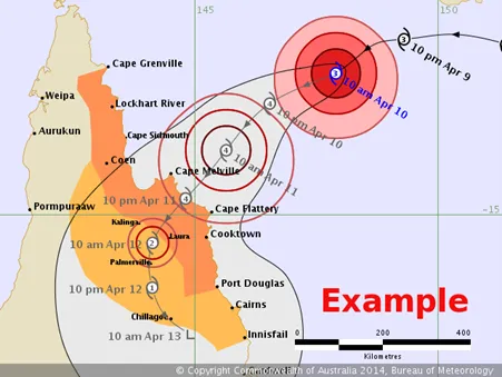 A diagram showing how a tropical cyclone is forecast to track from the Coral Sea toward Palmersville in north-east Queensland, Australia. The cyclone's position and intensity is indicated in concentric circles along a black line showing its forecast path, with date and time. The land area subject to a warning is highlighted in dark orange, and a watch area extends further inland in light orange.